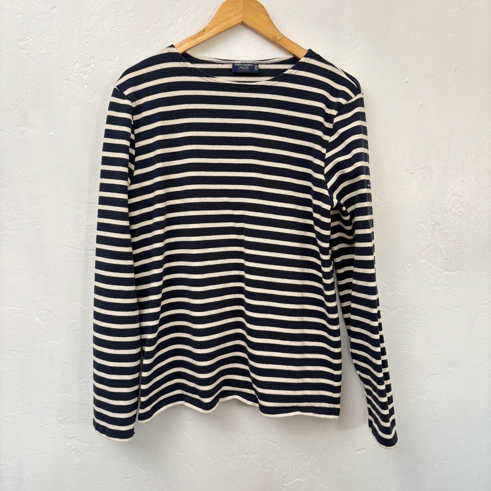 Saint James L'ATELIER Shirt Men Size Medium Blue White Striped Boat Neck